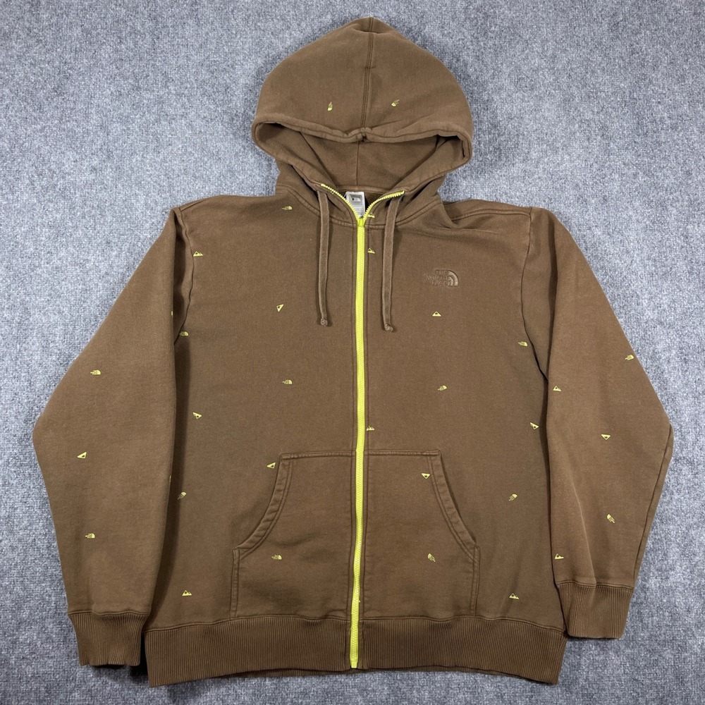 The North Face Hoodie Mens 3XL Brown All Over Print Full Zip Neon Green